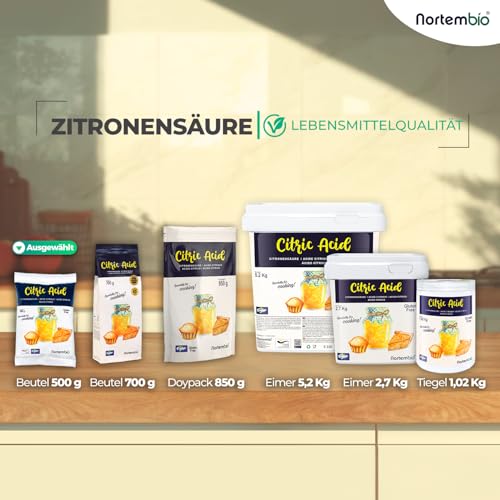 Nortembio Zitronensäure in Lebensmittelqualität, 100% rein 2 x 500 g – natürlichen Ursprungs, ohne Gentechnik – für Küche, Backen, Marmeladen & Käse + kostenlosem Rezeptbuch
