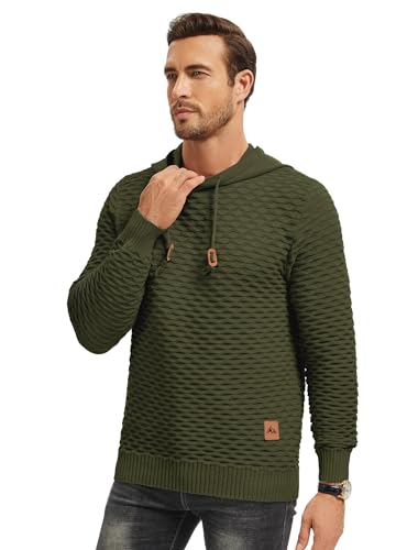 Men's Waffle-Knit Hooded Pullover Sweater Solid Color Hoodie with Adjustable Drawstrings & Leather Tag2