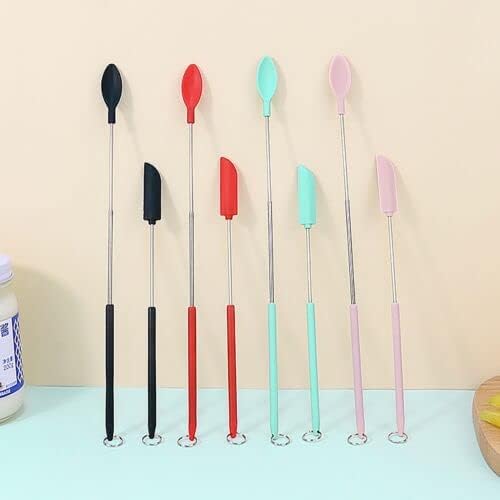 NIUBB Mini Silicone Telescopic Spatula Set with Scraping Spoons Heat Resistant Spatulas Handle Size Adjustable Mini Makeup Spatula Small Spatulas Tiny Scraper for Jar, Kitchen Bottles, Cosmetics
