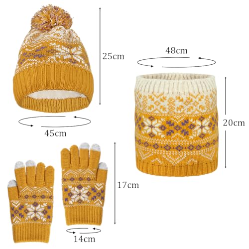3 Pcs Kids Pompom Hat Gloves Scarf Set Warm Knit Fleece Lined Beanie Hat Soft Neck Warmer Gaiter Mittens for Girls Boys2