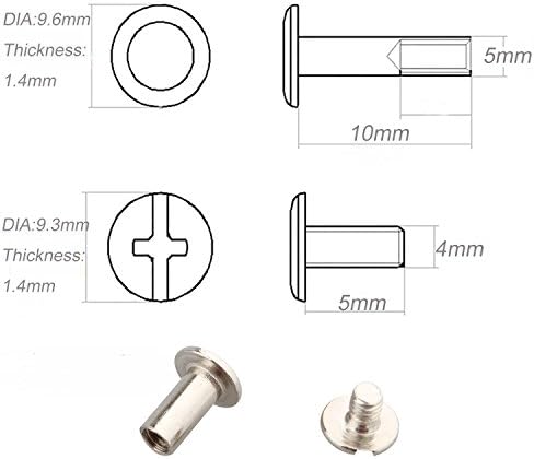 Futheda 50PCS 5x10mm Chicago Binding Screw Post Nickel Plating Nail Rivet Flat Fasteners Leather Repair Screws for Book Scrapbook Photo Album Leather Belt Silver Tone