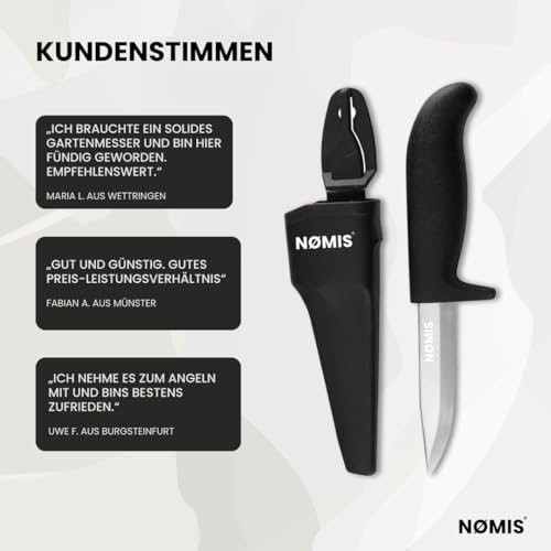 NØMIS Angelmesser Fischermesser | 10 cm Edelstahlklinge | Ideal auch als Gartenmesser oder Schnitzmesser | Outdoor Messer mit Köcher | Arbeitsmesser | Robust, scharf und preiswert