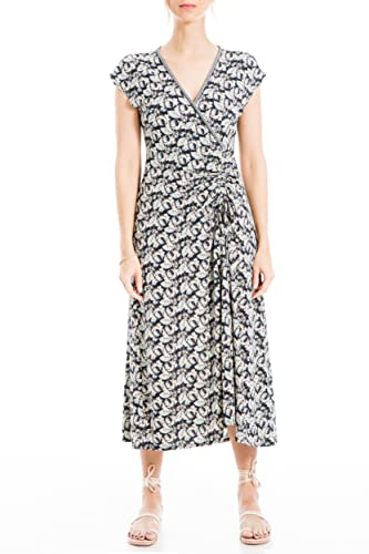 Max Studio Women's Short Sleeve Side Tie Ruched Midi Dress, Navy/Butter Leafy Nouveau Buds #TOP14