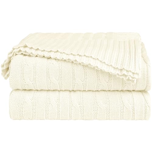 sourcing map Cotton Cable Knit Throw Blanket Soft Throw Couch Covers Decors Knitted Blankets for Sofa Bed, Beige Full(70 x 78)