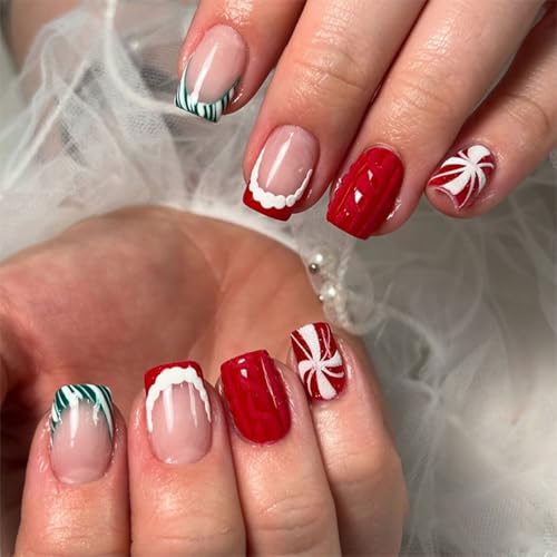 Christmas Press on Nails Short Square Fake Nails French Tip Nails Press ons Glossy Full Cover Glue on Nail Red Green Tip with Designs False Nail Holiday Stick on Nail for Women Manicure 24Pcs