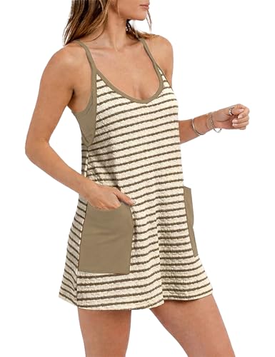 Image of Womens Athletic Sundress with Built-in Shorts Golf Tennis Romper | Sleeveless Mini Spaghetti Strap dress Functional side pockets tummy-friendly fit casual beach vacation