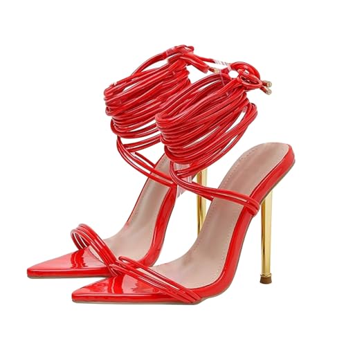 Luckywaqng Women's Sandals High Heels Stiletto Open Toe Hollow Cross Strap Sandals Evening Party Bridal Shoes Evening Shoes Strappy Pumps Fashionable Pumps with Stiletto Heels Summer Shoes, red, 10 UK