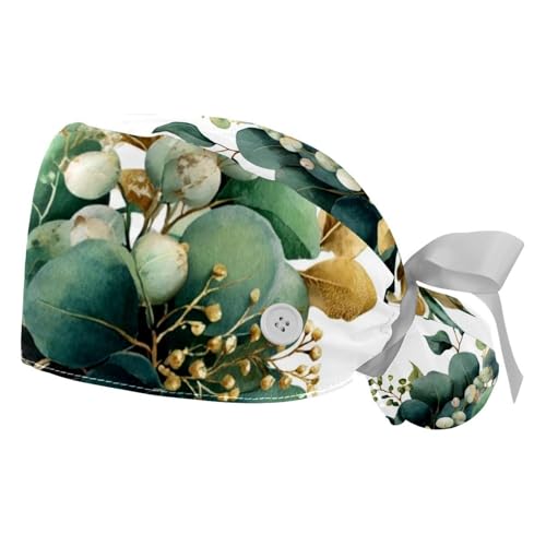 Adjustable Working Caps with Button & Sweatband, Women Ponytail Pouch Hats, Green and Gold Leaf Branches (1)