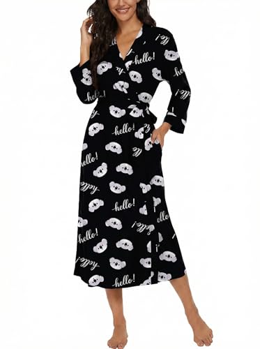 Image of VINTATRE Robes for Women Long Knit Bathrobe XS-4XL | 3 /4 Sleeve Bathrobes with Pockets, Stretchy and Lightweight Fabric, Inner Tie and Fixed Outer Belt, Mid Calf Length