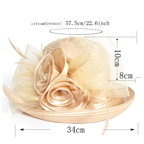 Women Derby Church Dress Cloche Hat Fascinator Floral Tea Party Wedding Bucket Hat S052 (S608-Champagne)