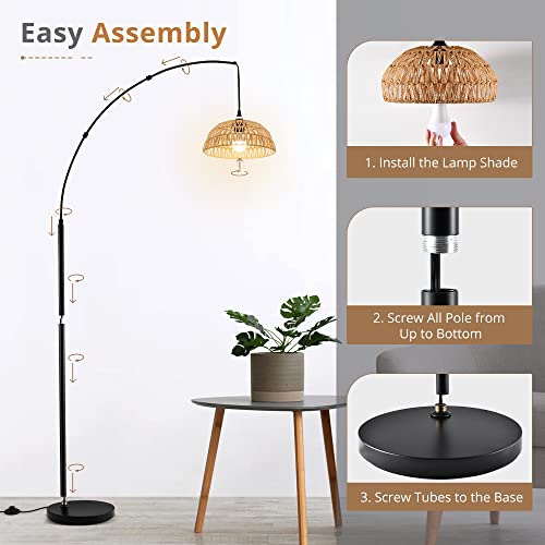 Lediary Arc Floor Lamps Rattan For Living Room, Modern Wicker Boho Vintage Arched Standing Lamp With Foot Switch, 76''Tall Pole Hanging Industrial Black Rustic Tall Floor Light For Bedroom #TOP5