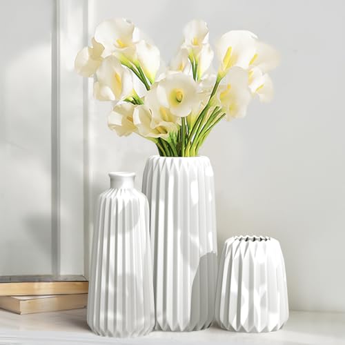 3PCS Vase Décoratif en Céramique Côtelé Blanc - Centre de Table, Décoration Maison, Style Nordique (L: Hauteur 20 cm) – Image 3