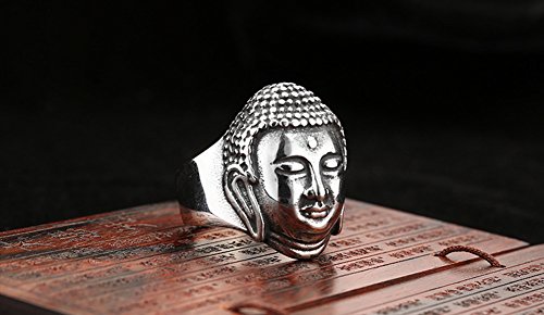 361L Stainless Steel Buddha Sakyamuni Head Men's Ring, Vintage Silver Black #TOP2