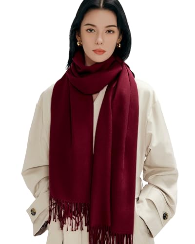 MaaMgic Schal Damen Warm Winter Herbst unifarben Baumwolle mit quasten/fransen, 20+ Farben Einfarbig & Kariert Pashmina Stola Schals MEHRWEG,Wein Rot