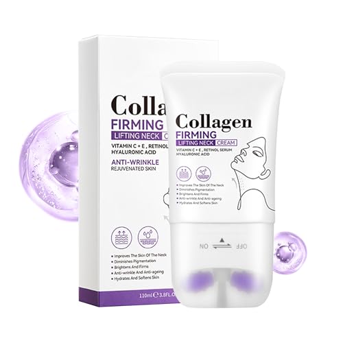 MIRCTIFIA Collagen Firming Lifting Neck Cream - Anti-Wrinkle Serum with Vitamin C, Retinol & Hyaluronic Acid, Dual Roller Massag