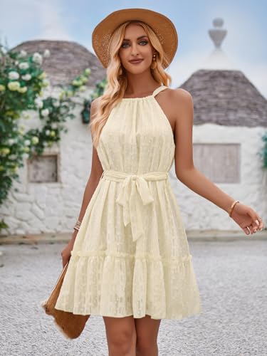 Image of Womens Summer Halter Sleeveless Mini Dress Tie Waist Casual Dresses, Goose Yellow-M