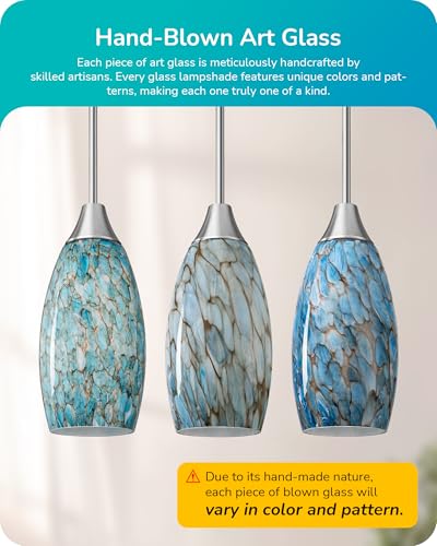 Image of EDISHINE Pendant Light, Hand Blown Hanging Light Fixture, Adjustable Brushed Nickel Rods, 5.12 inch D x 11.4 inch H Shade, Blue Glass Pendant Lighting for Kitchen Island, Sink, Bathroom, Dining Room