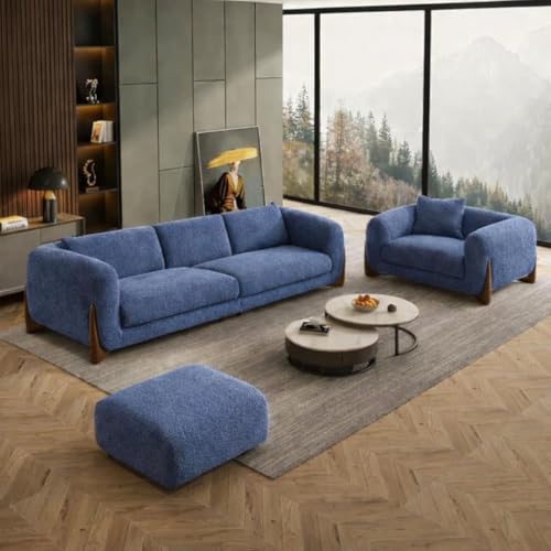 Image of Upholstered 3 Seater Sofa Three Seater Sofa with Wooden Legs for Living Room Hotels & Offices (3+1+Puffy Boucle Blue)