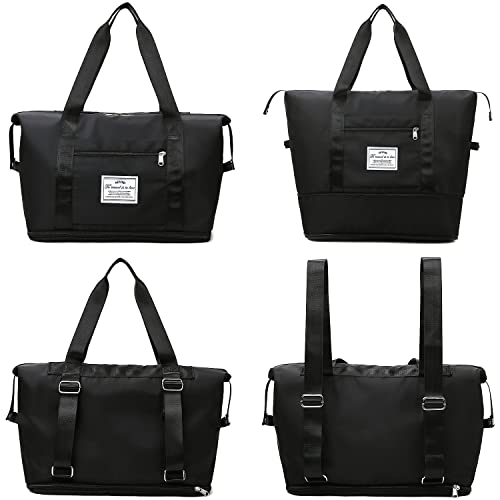 Lightweight Expandable Double Shoulder Strap&Capacity Travel Duffel Bag, Sports Tote Gym Bag, Shoulder Weekender Overnight Bag with Wet Pocket for Women (F Black)