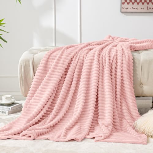 Image of BEDELITE 3D Ribbed Light Pink Fleece Twin Blanket for Couch, 60x80 Inch