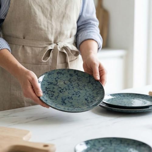 Image of Freakway Artisan Reactive Glaze Dinner Plates, Set of 2 - 10.7 inch Round Ceramic Tableware, Emerald Moss Blue, Microwave & Dishwasher Safe