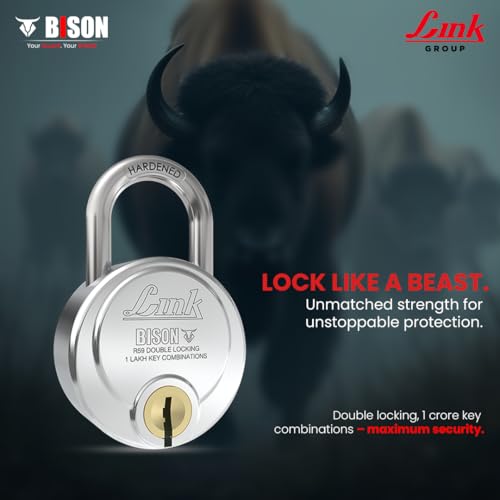 Image of Link Bison 59mm Heavy Duty Padlock | Lock for Home Door, Office, Shop, Travel | Hardened Steel Shackle, | Double Locking System | High Precision 4 Keys | 1 Lakh Key Combinations | 10 Years Warranty