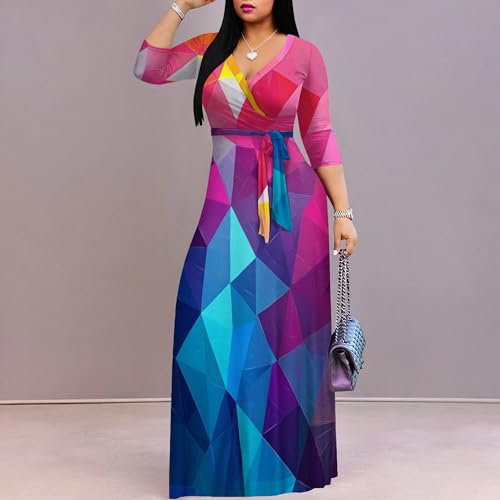 Image of PinkPatty Women's Plus Size Maxi Dresses Casual Flowy 3 /4 Sleeves Dress Printed Vacation Dress for Daily Wear with Belt
