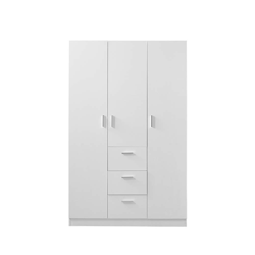 Panana 3 Door 3 Drawer Wardrobe, Modern Solid Pine Wood Wardrobe with Hanging Rail Living Bedroom Furniture (White)