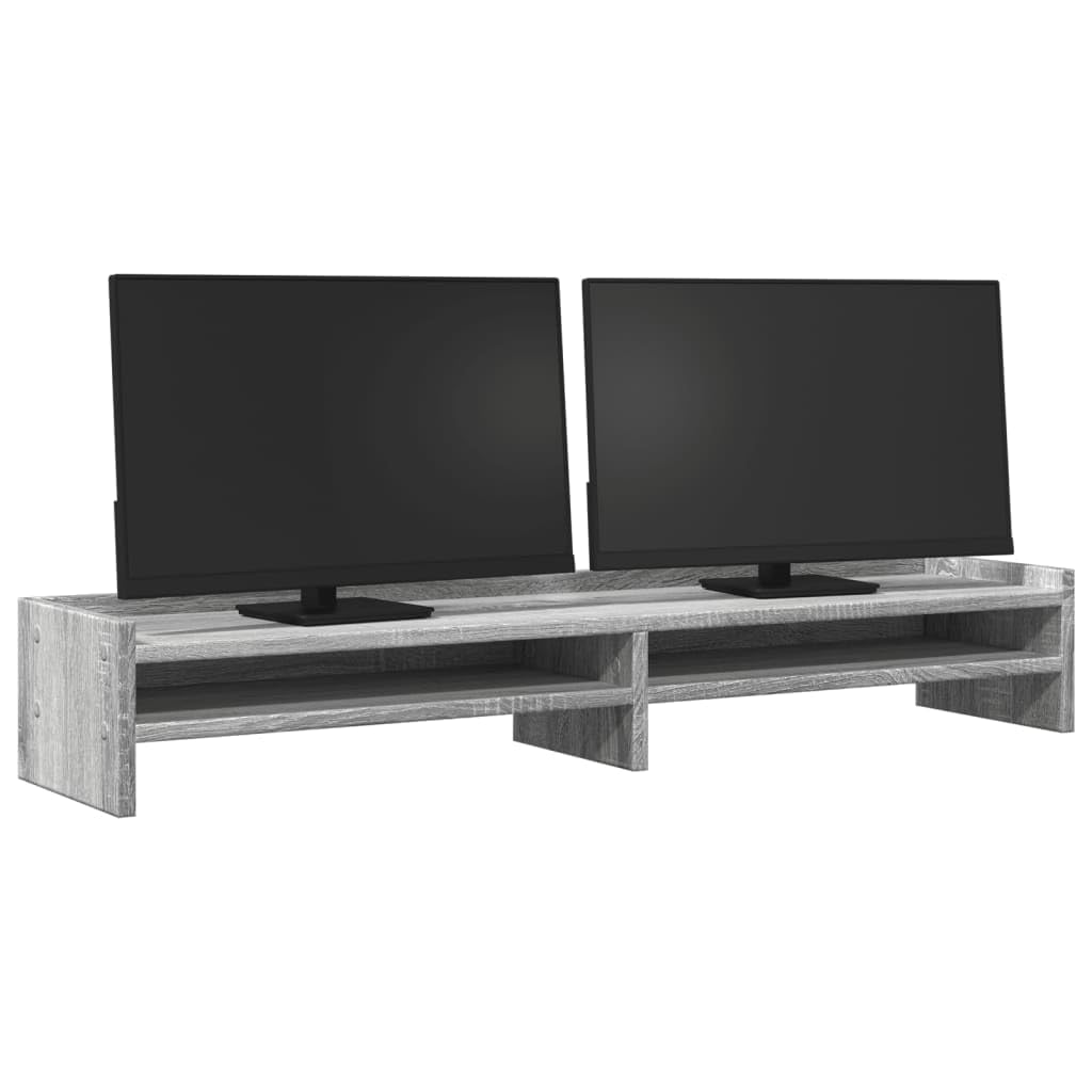 Supporto per monitor grigio Sonoma in legno 100 x 24 x 16 cm, per due monitor, 4 scomparti, portata 25 kg, supporto da scrivania per home office, ufficio e gaming