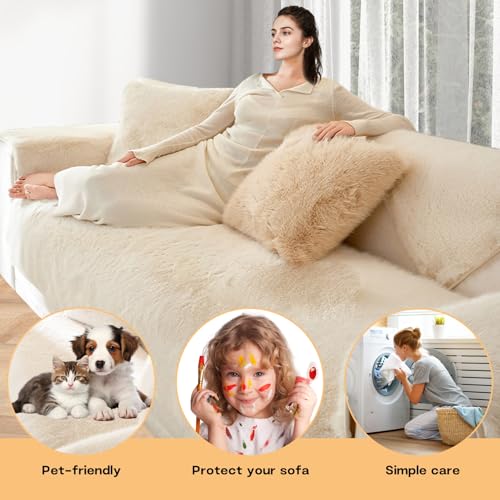 Mink Plush Sofa Cover 1 2 3 Seater, Non-Slip Corner Sofa Cover L Shape Super Soft Fluffy Faux Fur Sofa Slipcovers for Living Room (110 * 110cm/1PC,Beige) - Image 7
