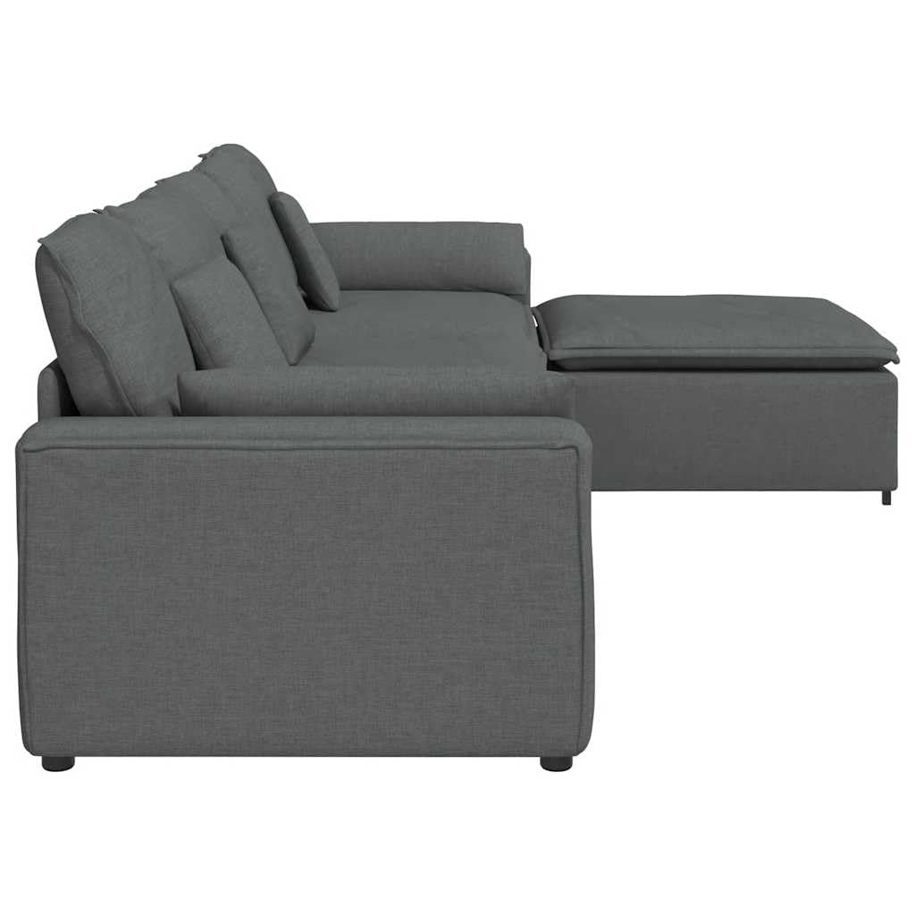 Sofá modular con reposapiés y cojín, color gris oscuro, acolchado de tela, 324 x 205 x 64 cm, sofá de 4 piezas con estructura de metal resistente, sofá modular versátil para salón y salón