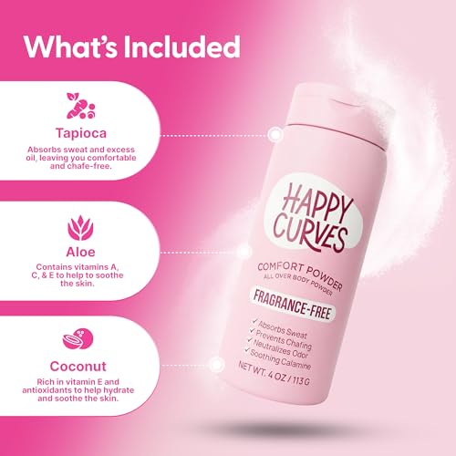 Image of HAPPY CURVES Comfort Powder: Talc Free Anti Chafe Body & Foot Dusting Powder Deodorant to Control Inner Thigh Chafing, Private Areas, and All Over Body for Women (4 Ounce (Pack of 1), Fragrance-Free)