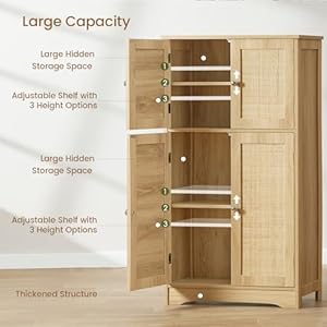Iwell Storage Cabinet Rattan Cabinet with 4 Rattan Doors Adjustable Shelf Cupboard Bathroom Floor Cabinet for Living Room Entryway Home Office Natural