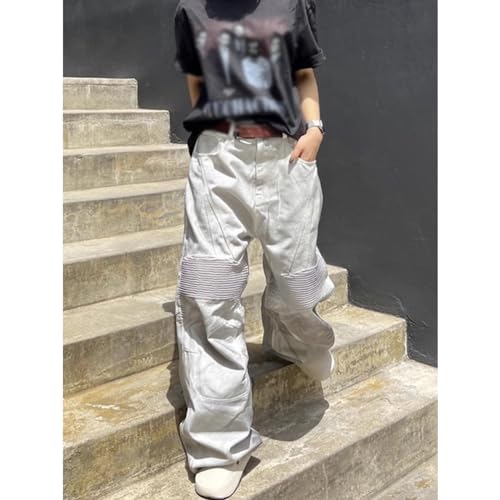 High Street Straight Leg Denim Pants, Unisex Dirty Dyed Patchwork Racing Wide Leg Pants3