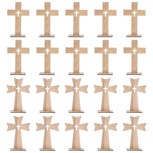 SEWACC 20pcs Wooden Crosses for Crafts Small Unfinished Wood Crosses Catholic Standing Cross with Bases Wooden Wall Cross with Stand Spiritual Religious Cross for Baptism Centerpieces