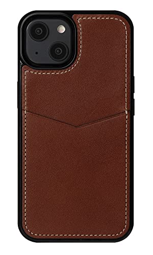栃木レザー 本革 スマホケース iPhone 13 mini 互換性 対応ケース カード入れ グリップ 落下防止 滑りにくい 白ステッチ (ダークブラウン)