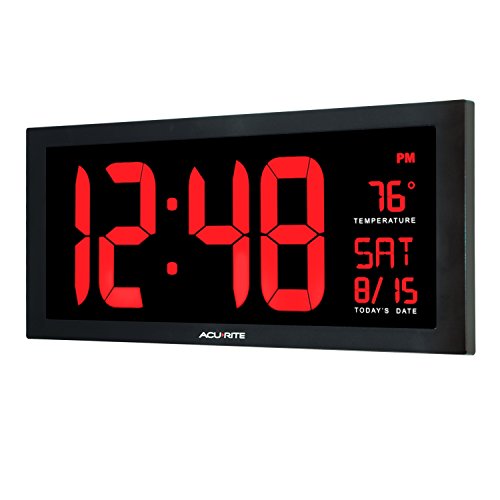 Acurite Large Digital Led Oversized Wall Clock With Date, Temperature And Fold-Out Stand, 18-Inch, Red #TOP2