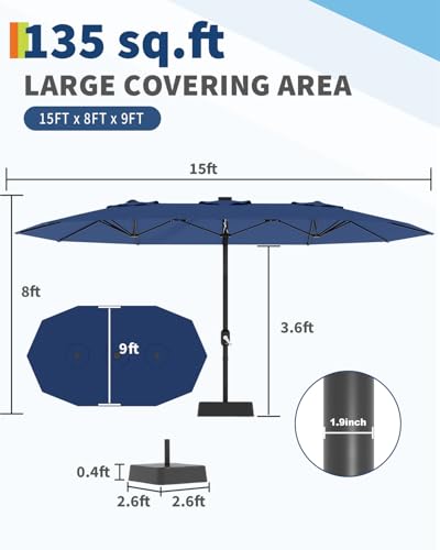 Large Patio Umbrella with Base Included, Double-Sided Rectangle Market Umbrella with Cross Base and Sandbag for Pool Lawn Garden (Navy Blue, 15FT)