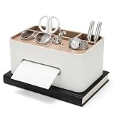 EAAGHK Taschentücher Box Spender, 21,5 x 17 x 12 cm Taschentuchspender mit Fach und Holztablett Rechteckig Leder Taschentuchbox Kosmetiktücherbox Schreibtisch Aufbewahrungsbox für Wohnzimmer Büro Weiß