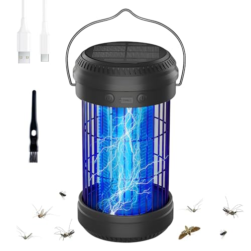 QUMOX Solar Bug Zapper Lantern,2-in-1 Portable & Rechargeable Mosquito Zapper with 4000mAh Battery & LED Night Light, 4000V Electric Fly Zapper for Outdoor, Patio, Backyard, Garden
