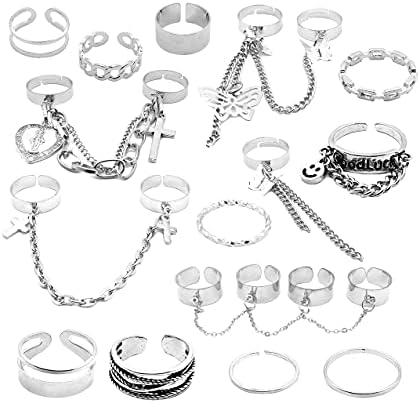 17Pcs Adjustable Punk Chain Rings Set， Vintage Knuckle Gothic Rings Set Alloy Biker Obsidian Chain Open Rings, Stackable Hollow Carved Finger Rings Midi Rings Joint Jewelry for Women Girls (Silver)