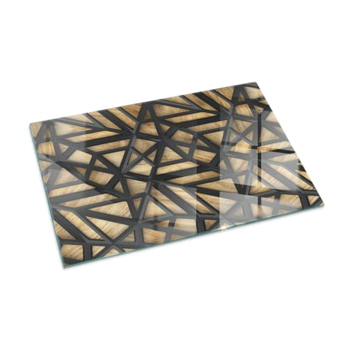 Funkenschutzplatte für Kamin 100x70 cm Hartglas Glasboden Stilvollem Motiv Dekorative Glasbodenplatte Hitzeschutz Rechteckige Schutzplatte Elegantes Design - Geometrie mit Holz