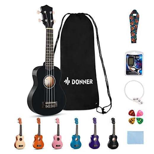 Donner Ukelele para Principiante Ukelele Soprano Kit 21 Pulgadas Ukulele Adulto con Bolso Correa Afinador, Color de Negro con Online Lección