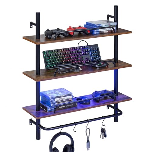 COSTWAY Mensola da Parete, Scaffalatura a 3 Livelli con Luce LED e 4 Ganci a S, Controllo Remoto e APP, Scaffale per Riporre e Esporre in Cucina, Camera da Letto e Soggiorno, 80,5x24x97 cm