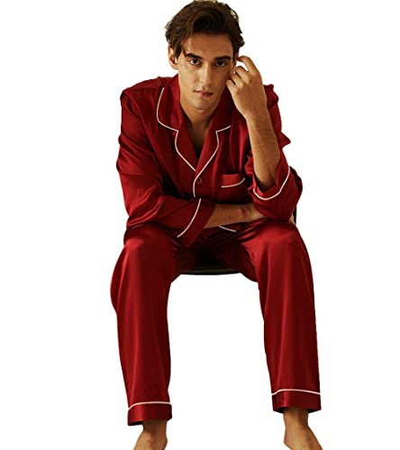 Image of Lonxu Pajamas Set Mens Silk Satin Pajamas Long Sleeve Loungewear Two-Piece Sleepwear Button-Down Pj Set S-XXXXL