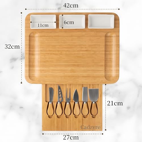 Bambus Käsebrett Set 42 x 32 x 4,5 cm mit Messern & Gewürzplatten – Bild 2
