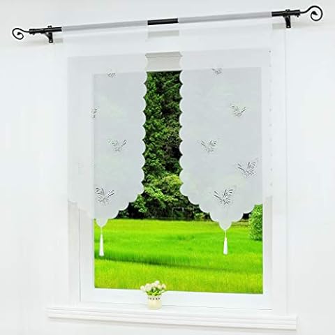 Joyswahl Drawstring Net Curtain Voile Net Curtains with Tassel Laser Cut Butterfly Pattern Heather Window Decorations (Pack of 2), Polyester, White, BxH 60x120cm Cover