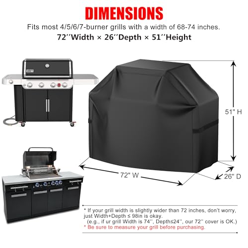 Grill Cover, 72 inch Heavy Duty BBQ Gas Grill Cover for Outdoor Grill, Waterproof, Weather Resistant, Anti-UV, Rip-Proof, Fade Resistant Barbecue Cover with Hook-and-Loop Straps for Most Grills