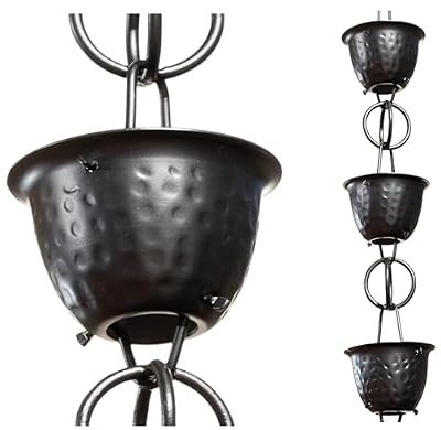 Monarch Rain Chains 18106 Aluminum Hammered Cup, 8-1/2 Feet Length Replacement Downspout for Gutters, Rain Chain 8.5 Ft, Black