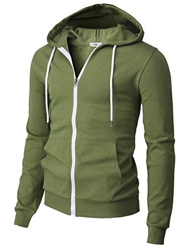 H2H Mens Casual Kanga Pocket Lightweight Hoodies With White Zipper And String Olivegreen Us S/Asia M (Cmohol048) #TOP8